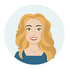 Female avatar, portrait of a blonde woman with thick hair. Vector illustration of a female character in a modern color style