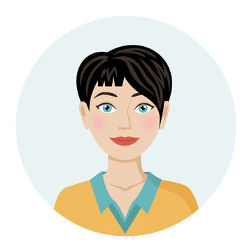 Female avatar, portrait of a brunette woman with a short fashionable haircut. Vector illustration of a female character in a modern color style