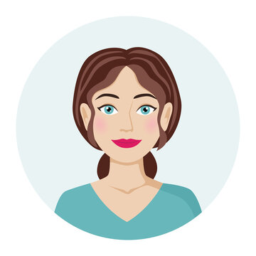 Female avatar, portrait of a cute brunette woman. Vector illustration of a female character in a modern color style