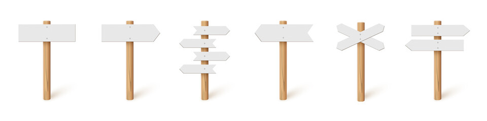 3d wooden sign post set, realistic blank signboard on road for pointing direction - obrazy, fototapety, plakaty