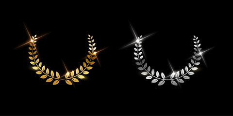 Gold and silver shiny laurel wreath signs isolated on black background. Vector award symbols.
