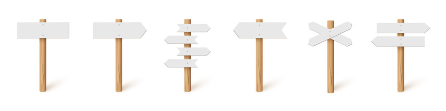 3d wooden sign post set, realistic blank signboard on road for pointing direction