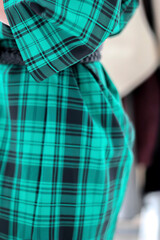 A green plaid shirt dress with a black belt. The pose of the model standing.