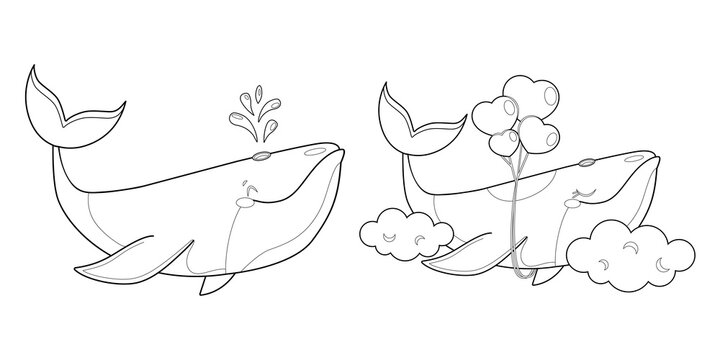 coloring kit of whales boy and girl, a whale girl in love is flying on balloons in the clouds