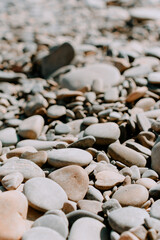 sea pebbles close-up in sunlight. Close-up of multicolored pebbles on the sea beach in the sunlight