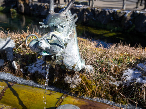 手水場にいる竜の銅像