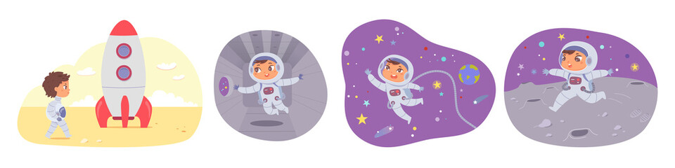Fototapeta na wymiar Kids astronaut, rocket and space adventure in universe set, spaceman in spacesuit costume
