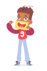 Cute kid learning organs, girl holding card with mouth and tongue, one of five senses