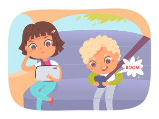 Children sit in car backseat together, wearing seat belts during roadtrip and playing