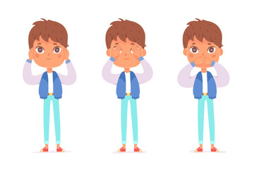 Funny boy close mouth, eyes and ears set like, do not see, speak and hear concept