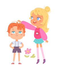 Tall girl measuring progress of height of small preschool boy, children standing together