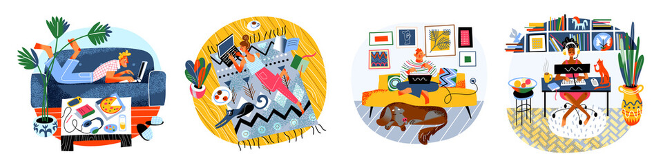 People work online from home, man and woman working with laptop, lying on cozy sofa