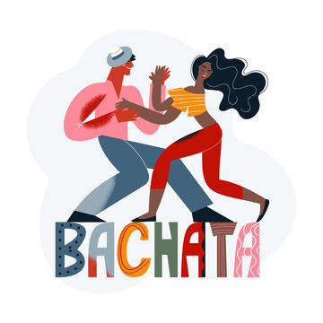 Latin dance party, school or master class with dancing couple and bachata lettering