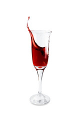 Transparent wineglass with red wine splash up, isolated on white background