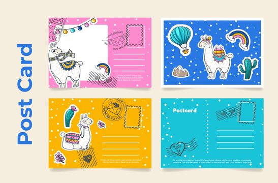 Funny llama realistic postcard template collection vector illustration childish greeting postal card