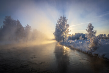 Obraz na płótnie Canvas Snow-covered forest on the banks of the winter river, Russia, Ural January