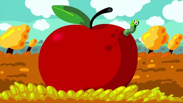 Cartoon character worm animation. Peek-a-boo! I am here! Happy apple worm on autumn backgraound. Small earthworm good for placing at any project. He is ready for thanksgiving.