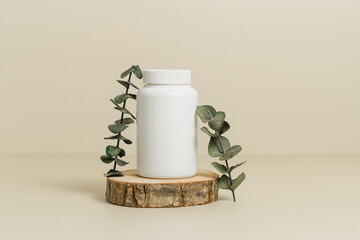 Vitamin bottle mockup with eucalyptus leaves, bio supplement, organic pills, natural beige...