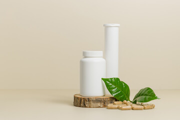Vitamin bottles mockup with herbal vitamins or pills, copy space, bio supplement, organic pills, natural beige background
