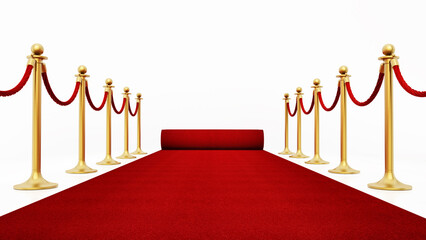 Red carpet and velvet ropes isolated on white background. 3D illustration