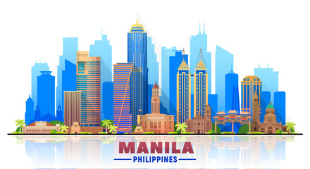 Manila Philippines skyline with panorama in white background. Vector Illustration. Business travel and tourism concept with modern buildings. Image for banner or website.
