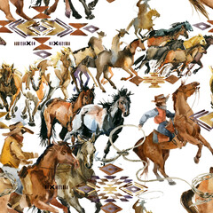 Running horses seamless pattern. American cowboy. Wild west. watercolor tribal texture. equestrian illustration