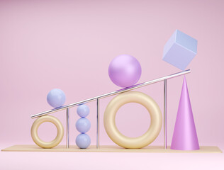 abstract composition with a light pink background and blue spheres with golden torus.