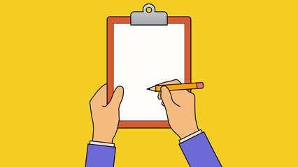 Cartoon hands with a pencil holding clipboard white paper. Vector illustration banner on isolated yellow background.