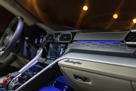 Moscow, Russia - December 14, 2020: interior of luxury crossover lamborghini urus in night