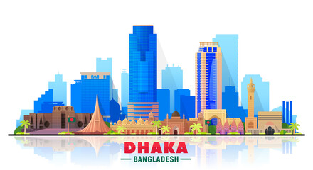 Dhaka Bangladesh skyline with panorama in white background. Vector Illustration. Business travel and tourism concept with modern buildings. Image for banner or website. © Serhii