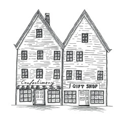 Twin houses with shops. Black and white hand drawn sketch