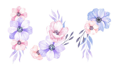 Watercolor flower bouquets. Purple anemones compositions with leaves  isolated on white background. Very peri arrangements on trendy color 2022