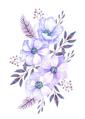 Watercolor flower bouquet. Purple anemones composition with leaves  isolated on white background. Very peri arrangements on trendy color 2022