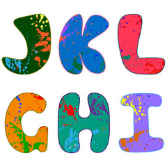 Letters of the alphabet with multicolored blots. Letters G-L splattered with paint