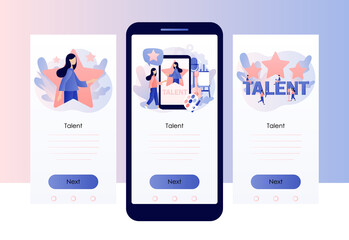 Fototapeta na wymiar Talent concept. Talented tiny people. Super star. Open your potential. Screen template for mobile, smartphone app. Modern flat cartoon style. Vector illustration on white background
