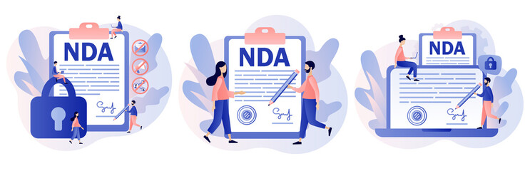 NDA contract. Non disclosure agreement. Tiny people sign confidentiality agreement document. Corporate secret protection. Modern flat cartoon style. Vector illustration on white background