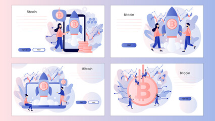 Bitcoin price skyrocket. Bull market concept with spaceship flying upwards. Rate growth. Screen template for landing page, template, ui, web, mobile app, poster, banner, flyer. Vector illustration