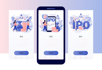 Naklejka na ściany i meble IPO concept. Initial public offering. Investor ivest stock market shares. Company growth. Passive income. Investment. Screen template for mobile, smartphone app. Modern flat cartoon style. Vector 