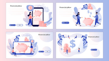 Fototapeta premium Money pillow. Personal finance, money savings, emergency support fund, personal capital, insurance. Screen template for landing page, template, ui, web, mobile app, poster, banner, flyer. Vector 