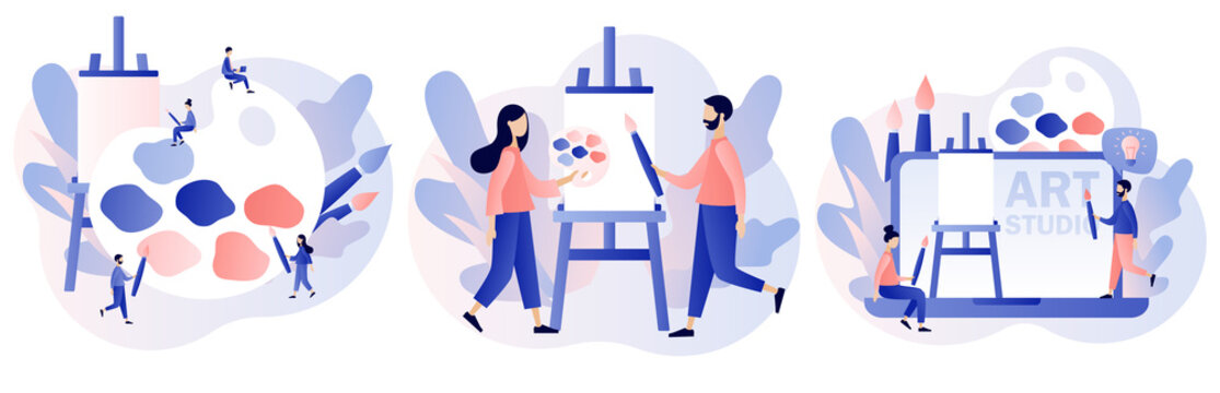 Artist. Art school or studio. Tiny people artists with canvas on easel, big pallete and brushes. Art workshop. Artist create picture. Modern flat cartoon style. Vector illustration on white background