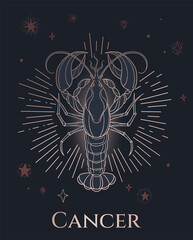 zodiac sign cancer, crawfish, black and gold, with stars