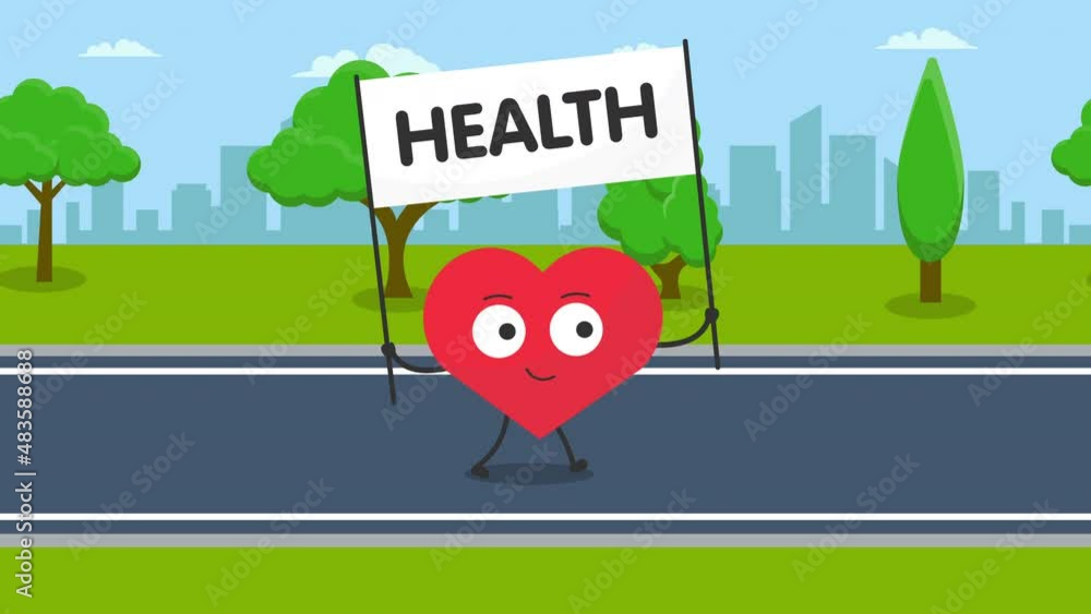 Poster cute heart character with health sign - walking animation.4k video motion animation.city background 