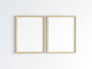 Two wooden frames on the wall, poster mockup, print mockup, 3d render