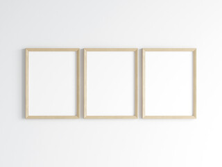 Three wooden frames on the wall, poster mockup, print mockup, 3d render