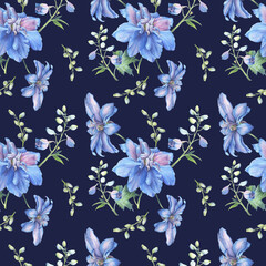 Floral seamless pattern made of blue flowers. Delphinium watercolor painting. Endless texture for romantic design, decoration, greeting cards, posters, invitations, advertisement, textile.