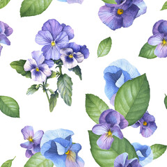 Hand drawn watercolor flowers seamless patterns. Blue viola flower. Watercolor botanical illustration. For fabric print, textile, wrapping paper.