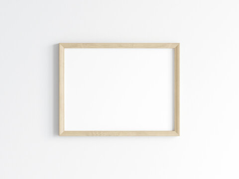 Horizontal wooden frame on the wall, poster mockup, print mockup, 3d render