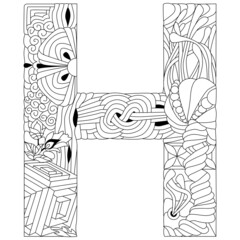 Letter H monogram for coloring, engraving design. Vector illustration.