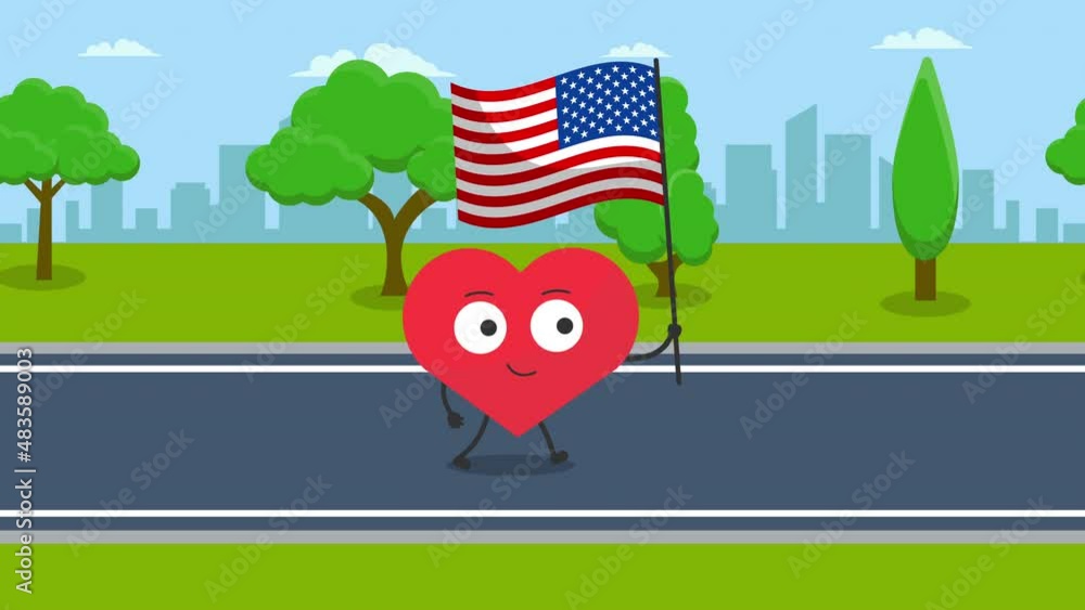 Poster cute heart character with usa flag - walking animation.4k video motion animation.city background ani