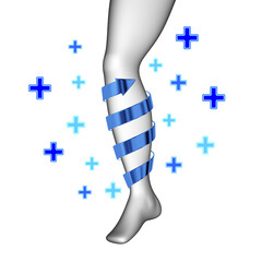 The treatment of a human leg with blue spiral arrow on white background. 3D illustration.